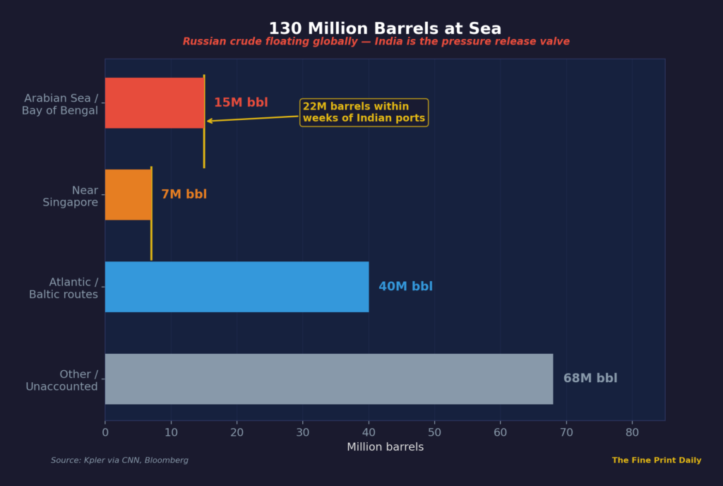 Map showing 130 million barrels of Russian crude oil floating at sea globally with India as primary destination for stranded cargoes March 2026